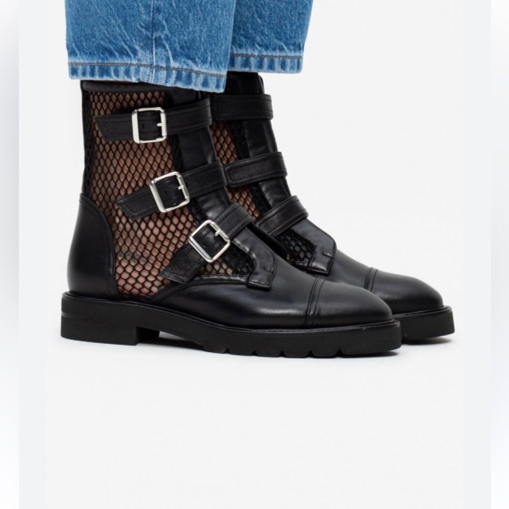Stuart Weitzman Black Mesh Buckle Combat Boots, US8
